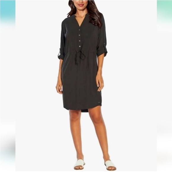 Orvis Pack & Go Travel Dress Black Roll Tab Sleeve Mini Tie Waist Wrinkle Resist - Picture 1 of 12